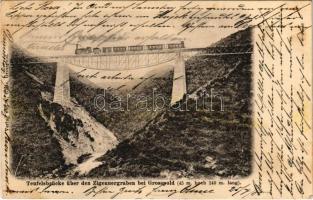 1905 Nagyapold, Grosspold; Ördög-vasúti híd a Cigány-árok felett, gőzmozdony, vonat. A. Glatz kiadása / Teufelsbrücke über den Zigeunergraben / railway bridge, viaduct, locomotive, train