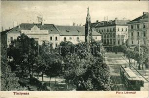 1926 Temesvár, Timisoara; Piata Libertati / tér, villamos, Rukavina emlékmű, Turul üzlete / square, tram, monument, shops (EB)