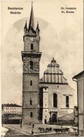 Beszterce, Bistritz, Bistrita; Evangélikus templom, C.W. Knopp bazár üzlete. Bartha Mária kiadása / Lutheran church, shops (EK)