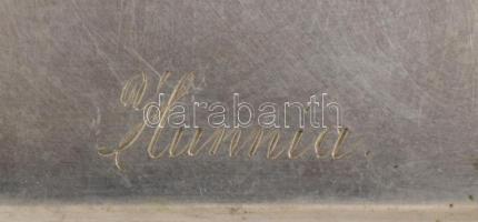 "Hunnia" feliratú alpakka tálca, jelzett (J. L. Hermann), foltokkal, 21x16 cm