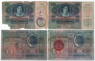 1902. 1000K + 1912. 100K (2x) az egyik piros "MAGYARORSZÁG" felülbélyegzéssel, a másik fek...