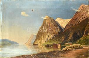 Olvashatatlan jelzéssel, XIX. sz. vége/XX. sz eleje: Bárkák a Fjordoknál. Olaj, vászon. Sérült. 63x96 cm.