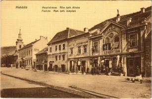 Mehádia, Fő utca, Római katolikus templom, Herzog szálloda, Brauch A. fia üzlete és saját kiadása / Hauptstrasse, Röm. kath. Kirche / street view, Catholic church, hotel, publisher&#039;s shop (Rb)