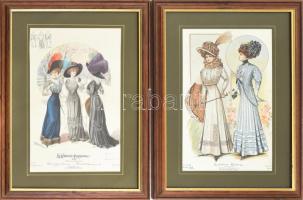 cca 1908 2 db színes női divatkép (Le Costume Royal és La Couturiére Parisienne). Nyomat, papír. 40x24 cm. Dekoratív, üvegezett fakeretben. Utóbbi kissé foltos.