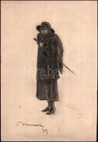Monori Kovács Jenő (?-?): Hölgy kalapban. 1919. Szén, papír, jelzett, sarkainál rajzszeg nyomok, 43x29,5 cm