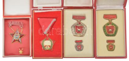 ~1970-1980. "Szocialista Brigád - A Vállalat Kiváló Brigádja + Szakma Kiváló Brigádja" 2xklf kitüntető jelvény miniatűrrel, eredeti tokban (egyik tok sérült) + "Kiváló Munkáért" aranyozott, rátétes, műgyantás kitüntetés mellszalagon, eredeti, sérült dobozban + "Kiváló Dolgozó" aranyozott, műgyantás fém jelvény miniatűrrel, tokban T:1-,2