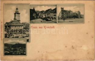 Brassó, Kronstadt, Brasov; Rathaus, Marktplatz, Villa Kertsch, Schlossberg / városháza, piac, városi vasút, vonat, Kertsch villa, Fellegvár. W. Hiemesch kiadása / town hall, market, urban railway, train, villa (fl)