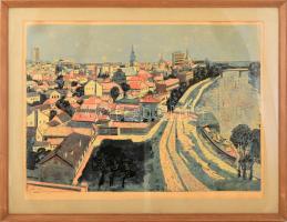 Mészáros Lajos (1925-1971): Szolnok. Linómetszet, papír, jelzett, üvegezett, kissé sérült fakeretben. 42x60 cm.