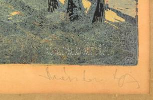 Mészáros Lajos (1925-1971): Szolnok. Linómetszet, papír, jelzett, üvegezett, kissé sérült fakeretben...