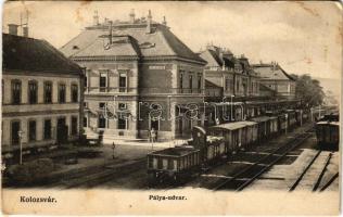 1906 Kolozsvár, Cluj; pályaudvar, vasútállomás, vonat. Schuster Emil kiadása / railway station, train (vágott / cut)