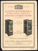 cca 1910-1930 "Celus" Einsatz-Ofens für Stein- und Braunkohle, széntüzelésű kályha reklámlap, kétoldalas, német nyelvű, lapszéli szakadásokkal