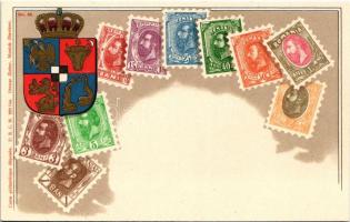 Román bélyegek és címer / Romanian stamps and coat of arms. Carte philatelique Ottmar Zieher No. 32. Art Nouveau, litho