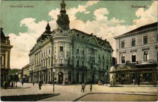 1912 Kolozsvár, Cluj; New York szálloda, Schuster Emil üzlete és saját kiadása, hirdetőoszlop / hotel, shop, advertising column (fl)