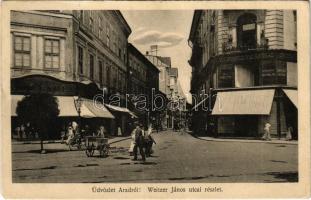 1915 Arad, Weitzer János utca, Központi Divatáruház, Radó Gyula üzlete. Kerpel Izsó kiadása / street, shops (fa)