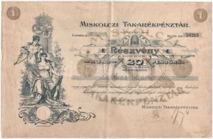 1927 Miskolci Takarékpénztár részvénye 20 pengőről, dekoratív, szecessziós illusztrációval. Bp., Posner-ny., kissé foltos, középen hajtott.
