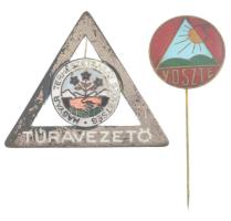 ~1970-1975. Túravezető - Magyar Természetbarát Szövetség rátétes, ezüstözött, zománcos jelvény (36x42mm) + VDSZTE (Vegyipari Dolgozók Szakszervezete Turista Egyesület) zománcott tombak tagsági jelvény (20mm) T:1- kopott ezüstözés