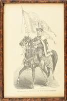 Rusz Károly (1811-1899) metszése, Haske rajza után: báró Orczy György az ország zászlajával az 1867-iki koronázási díszmenetben. Rotációs fametszet, papír. Jelzett a metszeten. Üvegezett, dekoratív fakeretben. Lap széle kissé sérült. 28x18,5 cm.