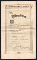 1911 Bp., a Budapesti Nőiruhakészítő Ipartestület által kiállított bizonyítvány női szabó részére, 1 K okmánybélyeggel, hajtott