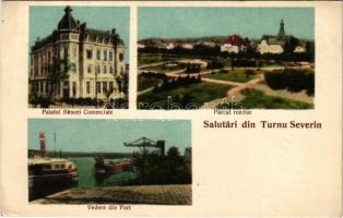 1927 Turnu Severin, Szörényvár; Palatul Bancei Comerciale, Parcul rozelor, Vedere din Port / commercial bank, park, port (EK)