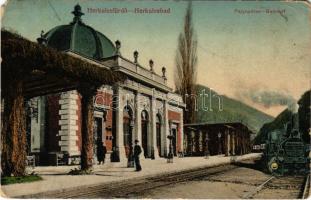 1915 Herkulesfürdő, Herkulesbad, Baile Herculane; Bahnhof / vasútállomás, vonatos montázs, gőzmozdony / railway station, montage with locomotive, train (EM)