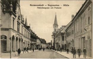 Nagyszeben, Hermannstadt, Sibiu; Fleischergasse mit Postamt / Hentes utca, posta. J. Bein kiadása / street view, post office