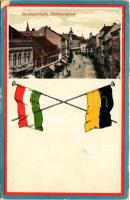 1916 Nagyszeben, Hermannstadt, Sibiu; Disznódi utca, Julius Meinl üzlete. Szecessziós lap magyar és Habsburg zászlóval / Heltauergasse / street, shop. Art Nouveau with Hungarian and Habsburg flags (EK)