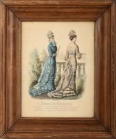 cca 1880 Színes divatkép, Journal des Demoiselles, Modes de Paris. Nyomat, papír. Dekoratív, üvegezett fakeretben. 28,5×22,5 cm