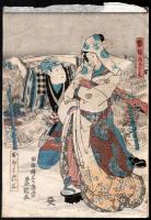Antik japán fametszet, rizspapír, jelzett, kis sérülésekkel, papírra kasírozva. 35,5x25 cm
