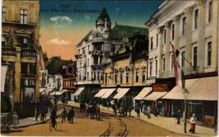 Arad, Atzél Péter utca, Bohus palota, magyar zászlók / street, palace, shops, Hungarian flags (fl)