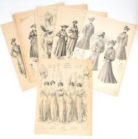cca 1910-1920 8 db női divatkép (Album Blouses Parisiennes, English Fashions stb.), nyomat, papír, részben kissé sérült és kissé foltos, 38x30 és 44x31 cm közötti méretben