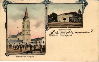 1910 Belényes, Beius; Református templom, Csordás palota, Tóth Andor üzlete. Wagner Vilmos fényképész kiadása / Calvinist church, palace, shop. Art Nouveau, floral