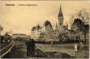 Temesvár, Timisoara; Piarista főgimnázium, montázs gőzmozdonnyal, vasút, vonat / school. Montage with locomotive, train, railway