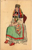 Torda-Aranyos, Turda-Aries; Torockói leány. Erdélyi folklór művészlap / Transylvanian folklore art postcard from Rimetea. Orbis Pictus Hungaricus. 13. s: Horváth Jenő (fa)