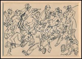 Szigety István: Merénylet karikatúra. Tus, papír, sérült paszpartuval, jelzett, 10,5x14,5 cm