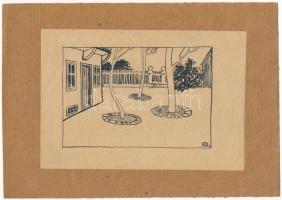 K. J. jelzéssel, feltehetően 1905 körül: Szecessziós kert. Tus, papír, 9x13,5 cm