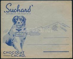 cca 1920-1940 Suchard Chocolat Cacao, Bucuresti, Str. Traian 59-63., illusztrált reklámboríték, kisebb szakadással / advertising envelope, with small tear