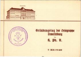 1940 Temesvár, Timisoara; Gründungstag der Ortsgruppe Temeschburg des H. Ph. V. (Hermannstädter Philatelistenverein), Banatia / A Nagyszebeni Filatéliai Társaság temesvári helyi csoportjának alapítási napja / Founding day of the Timisoara local group of the Sibiu Philatelic Association + So. Stpl