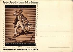 1943 Medgyes, Mediasch, Medias; Deutsche Sammlergemeinschaft in Rumänien, Tag der Briefmarke Werbeschau / Német bélyeggyűjtők Romániában reklám / German stamp collectors in Romania, advertisement