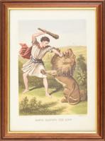 Dávid legyőzi az oroszlánt. Kromolitográfia, papír. J.M. Kronheim & Co., London kiadása. XIX. sz. közepe-második fele. Dekoratív, üvegezett fa képkeretben. 23×33 cm