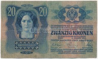 1913. 20K felülbélyegzés nélkül T:III,III- ly., beszakadás Adamo K17