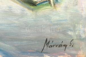 Márvány Sándor (1945-): Őszi Tiszapart. Olaj, farost, jelezve jobbra lent. Hátoldalán autográf felir...