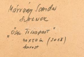 Márvány Sándor (1945-): Őszi Tiszapart. Olaj, farost, jelezve jobbra lent. Hátoldalán autográf felir...