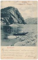 1902 Orsova, Kasanpartie / Kazán szoros, csónakos, sodronypálya (?). Hutterer G. 55. / boat, cable track (?)