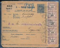 1923 Csomagszállító 6 db Hivatalos 1000f bélyeggel, közte hármaslyukasztás