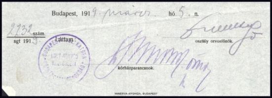 1919 Bp., Zita királyné honvéd helyőrségi kórház által kiállított orvosi lelet, orvosfőnöki és kórhá...