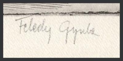 Feledy Gyula (1928-2010): Petőfi útján (Madrid). Rézkarc, papír, jelzett. 19x29,5 cm