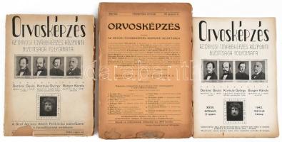 1922-1943 Orvosképzés folyóirat 3 száma, szakadt borítókkal, az egyik szakadozott, foltos borítóval és szétvált kötéssel.