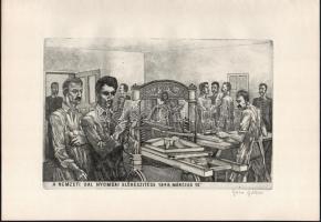 Gacs Gábor (1930-2019): A Nemzeti Dal nyomdai előkészítése, 1848 március 15 (Petőfi). Rézkarc, papír, jelzett, 19,5x29 cm