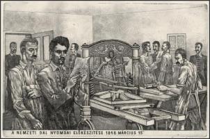 Gacs Gábor (1930-2019): A Nemzeti Dal nyomdai előkészítése, 1848 március 15 (Petőfi). Rézkarc, papír...