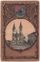 Temesvár, Timisoara; Gyárvárosi római katolikus templom. Szecessziós címeres litho keret / Fabric church. Art Nouveau, litho frame with coat of arms